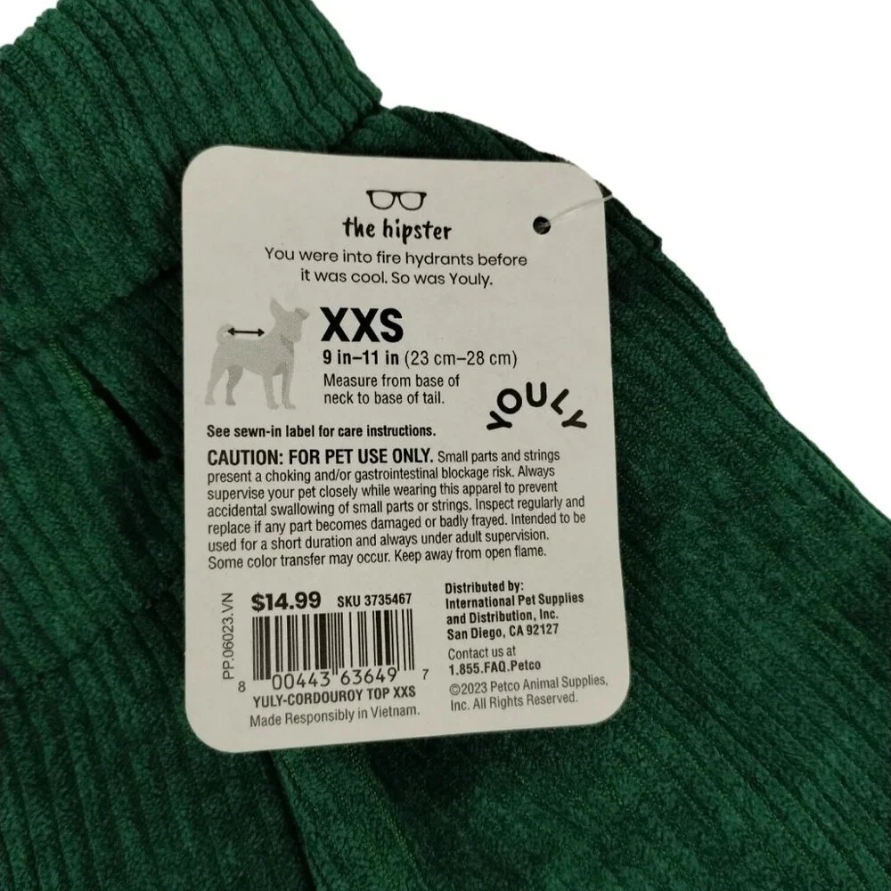 Youly Hipster Pet XXS Green Corduroy Shirt for Dogs 9 to 11 inches